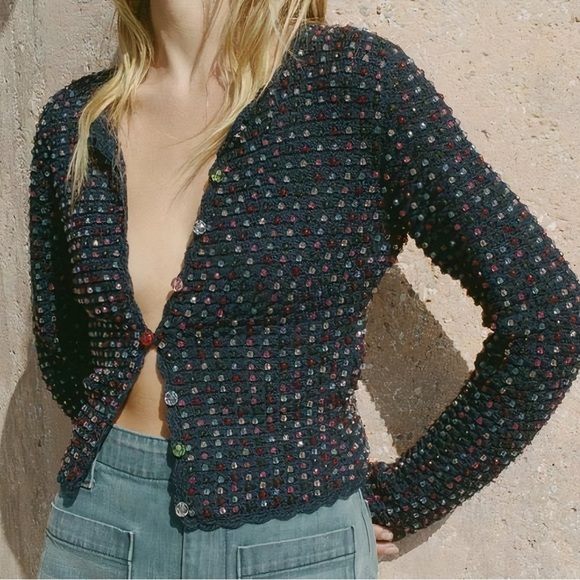 NWOT DÔEN Knit Cotton Navy Hand-Beaded Monterey Cardigan - Picture 5 of 8